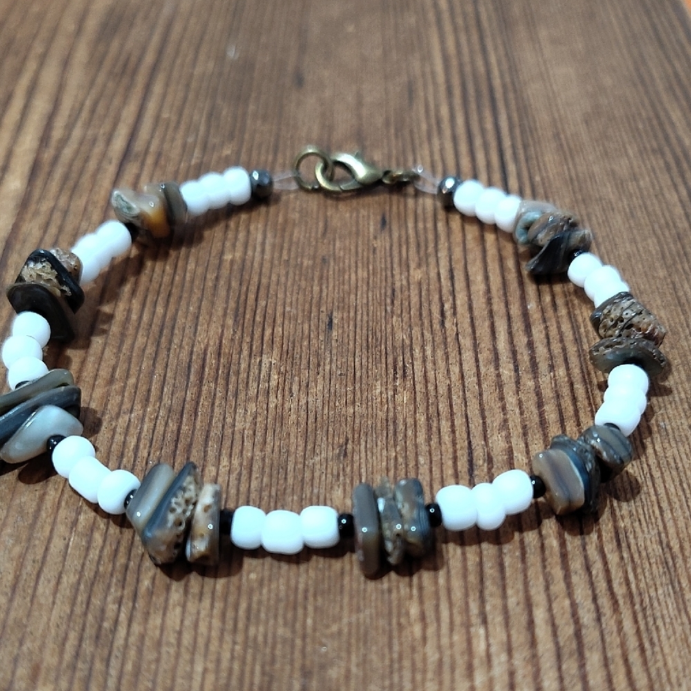 White and Shell Beaded Bracelet,  Handmade Men's Bracelet